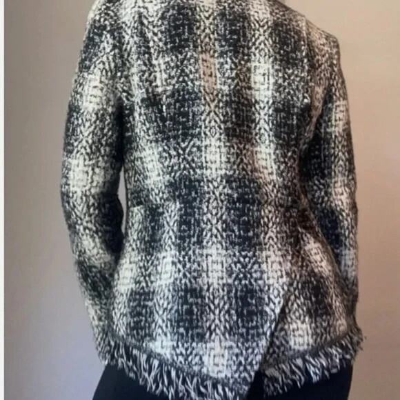 Carol Anderson by Invitation Blazer Jacket Sz 10 Black White Plaid Tweed Fringe - Picture 4 of 16